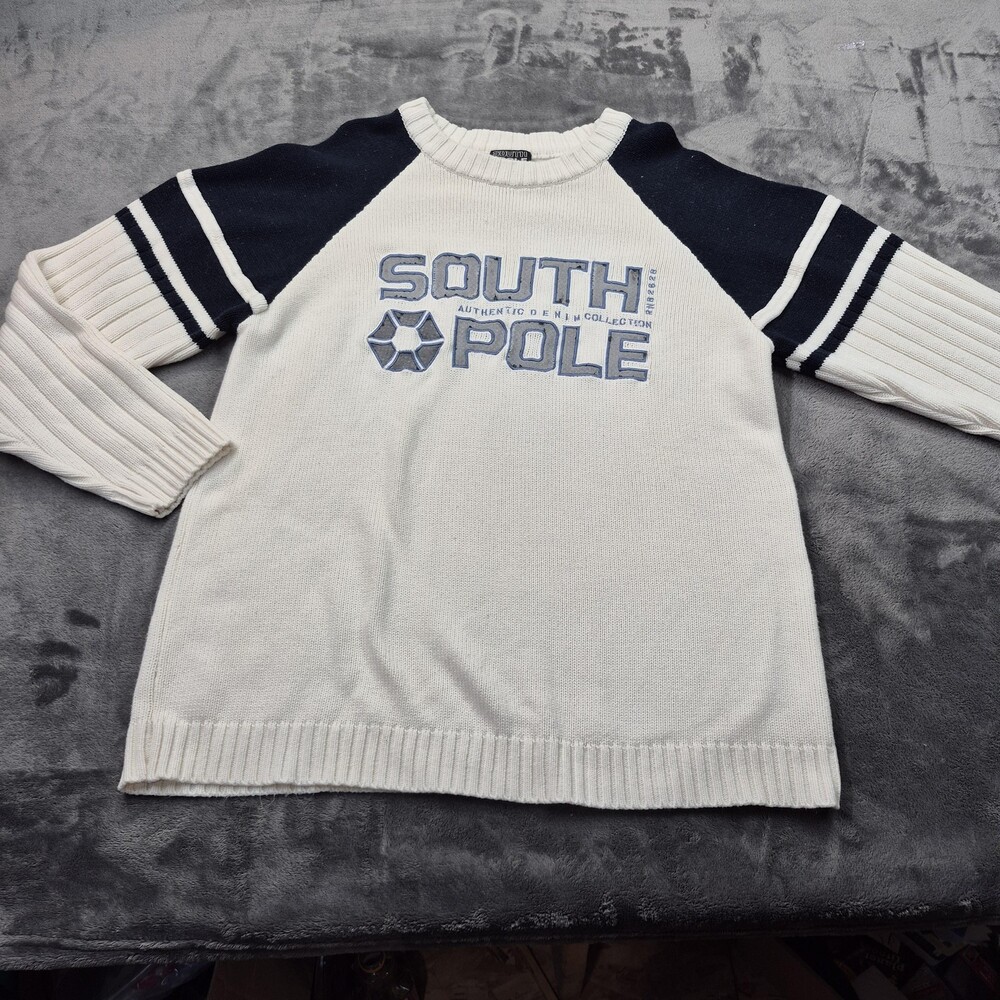 Vintage Southpole Sweater XL Made in Korea 100% Acrylic Cream Black Raglan Knit